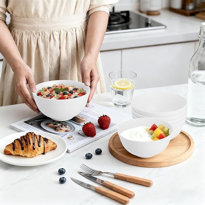 Wheat Straw Bowls 26 OZ, Plastic Bowls Reusable, Unbreakable Cereal Bowls Set of 6, Small Soup Bowl Salad Bowl for Kitchen, Microwave & Dishwasher Safe, White