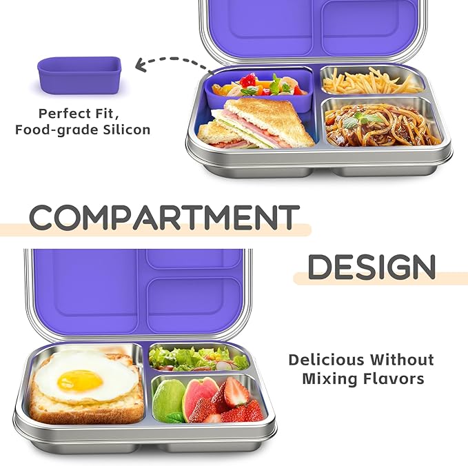 Stainless Steel Kids Leak-Resistant Bento Lunch Box, 3-Compartments with Silicone Container, Dishwasher-Safe, Child-Friendly Design for School, Picnics & Travel,BPA-Free(Purple)