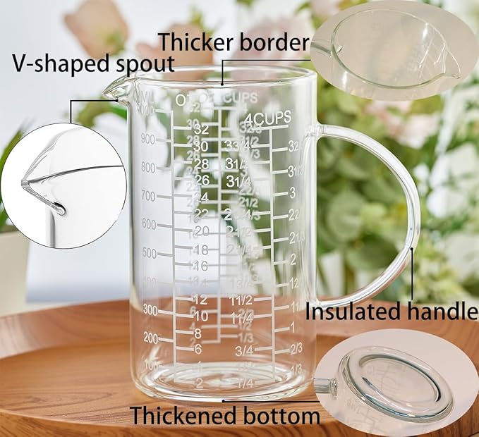 Ackers Mirror Etching Scale Glass Measuring Cup-[Insulated handle | V-Shaped Spout]-Made of High Borosilicate Glass Measuring Cup for Kitchen or Restaurant, Easy to Read, 1000 ML (32 Oz, 4 Cup)