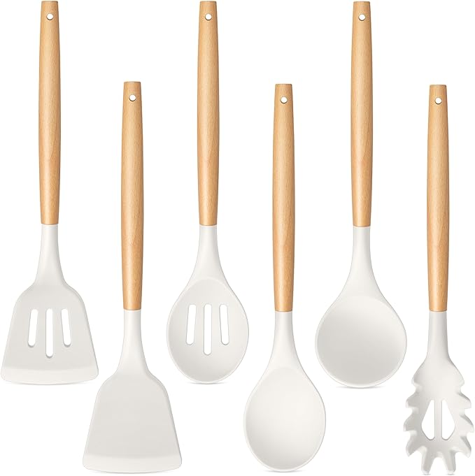 TeamFar Cooking Utensils Set of 6, Silicone Kitchen Utensils with Wooden Handles for Cooking/Turning/Serving/Mixing, Heatproof Kitchen Tools for Non-stick Cookware, Healthy &Non-Scratch, White