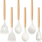TeamFar Cooking Utensils Set of 6, Silicone Kitchen Utensils with Wooden Handles for Cooking/Turning/Serving/Mixing, Heatproof Kitchen Tools for Non-stick Cookware, Healthy &Non-Scratch, White