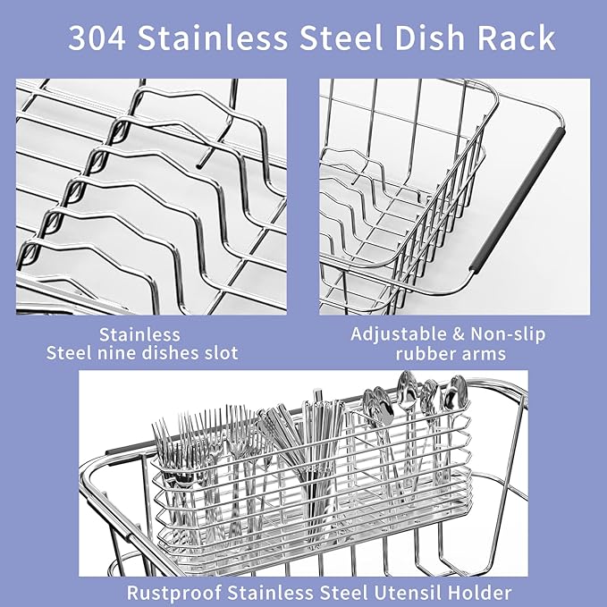 JAQ Dish Drainer in Sink Adjustable 14.96" to 20.59", Expandable 304 Stainless Steel Metal Dish Drying Rack Organizer with Stainless Steel Utensil Holder Over Inside Sink Counter