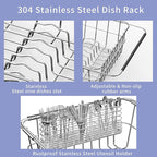 JAQ Dish Drainer in Sink Adjustable 14.96" to 20.59", Expandable 304 Stainless Steel Metal Dish Drying Rack Organizer with Stainless Steel Utensil Holder Over Inside Sink Counter