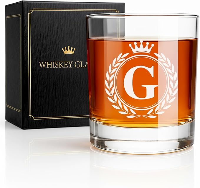 Whiskey Glasses - Rocks Old Fashioned Glass Gifts for Men, Monogrammed A-Z 10oz Personalized Whisky Glasses, Christmas Birthday Gifts for Men Him Dad Father Husband Brother Son (G)