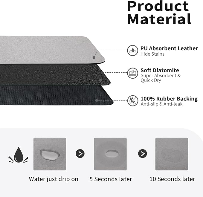 Dish Drying Mat for Kitchen Counter, Heat Resistant Drainer Mats with Non-slip Rubber Backed, Hide Stain Kitchen Super Absorbent Draining Mat, Easy to Clean Dish Rack Pad, Grey 16"x20"