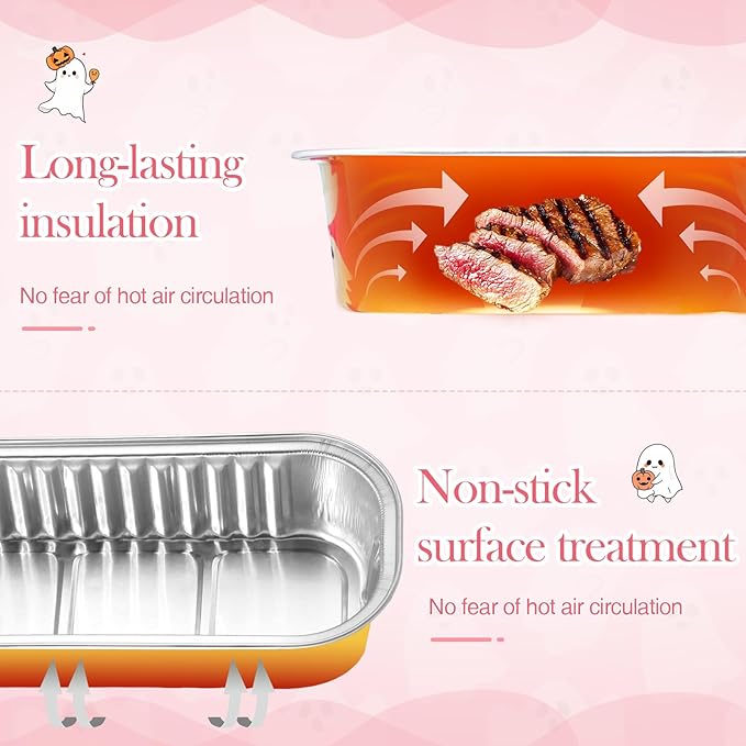 Tioncy 50 Pcs Halloween Mini Pink Loaf Pans with Lids Spoons Sticker Cute Ghost 6.8oz Disposable Rectangle Aluminum Foil Baking Pans Muffin Cupcake Cups for Picnics Birthday Halloween Party Supply
