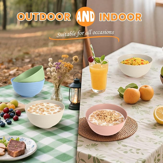 Homienly Wheat Straw Bowls, Unbreakable Cereal Bowls Microwave Safe, 8 PCS Lightweight Stackable Snack & Soup Bowls for Kitchen, Camping, Party, Dishwasher Safe Plastic Bowl Alternative (Light, 26oz)