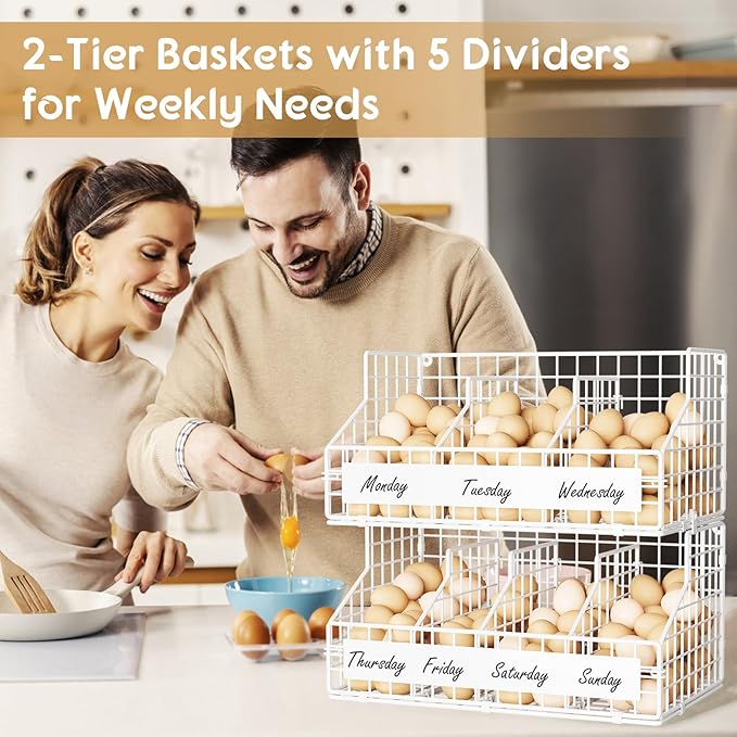 keomaisyto Fresh Egg Holder with 5 Dividers to Separate Eggs for a Week, 2 Tier Stackable Wire Baskets for Gathering Eggs, XXL Egg Rack for Countertop/Wall-Mounted, With DIY Labels, White