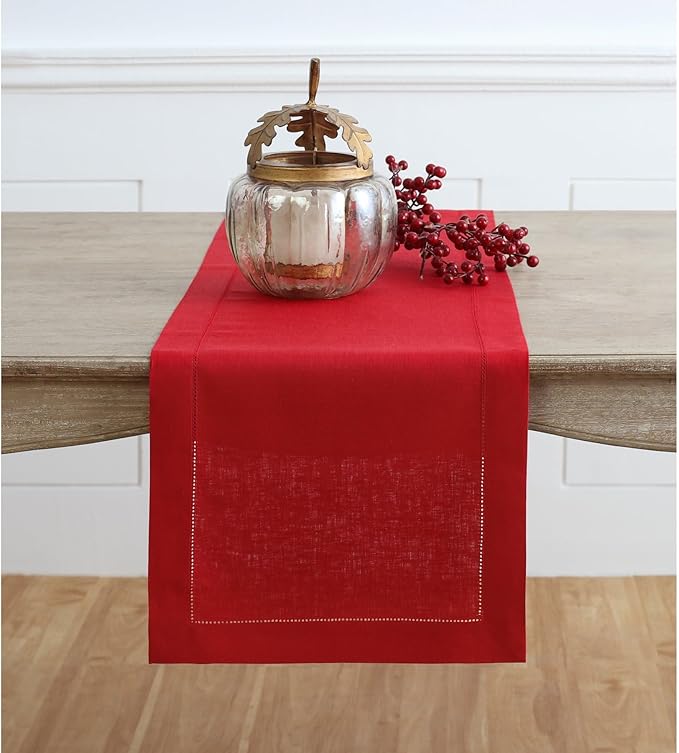 Solino Home Linen Red Table Runner 72 Inches Long - 100% Pure Linen Hemstitch Table Runner 14 x 72 Inch for Dresser, Dining and Summer - Classic Hemstitch