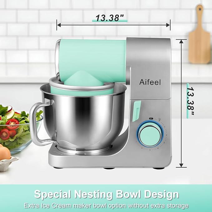 Aifeel Stand Mixer, 6.5QT Mixer with 2QT Ice Cream Maker Bowl, Kitchen Electric Mixer Multifunctional Bread Dough Mixer with Dough Hook,Whisk & Beater, Food Mixer for Baking (Green-Silver)