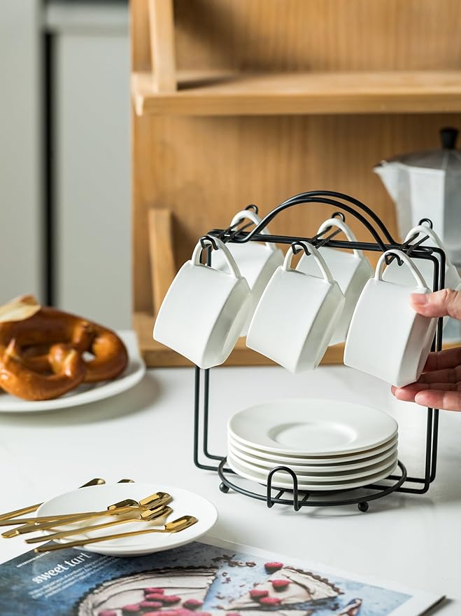 YHOSSEUN Espresso Cups Set with Saucers and Metal Stand Coffee Cup Set of 6 4 oz Cappuccino Cups Teacup for Tea Party - White