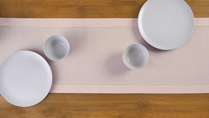Solino Home Cotton Linen Pink Table Runner 120 Inches Long - Hemstitch 14 x 120 Inch Table Runner for Summer, Fall, Autumn