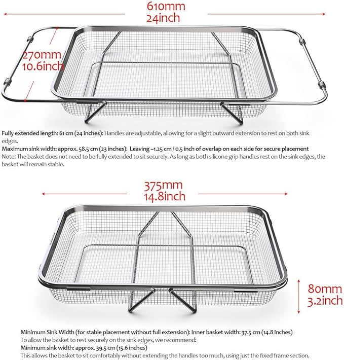 Extendable Dish Rack with Feet, Vegetable Colander Basket, Stainless Steel Dish or Silverware Drying Rack, Ultimate Kitchen Organizer Over The Sink (12.99 x 9.65 x 2.76 Inches)