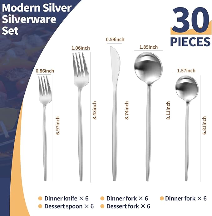 Matte Silverware Set, 30 Piece Stainless Steel Modern Flatware, Brushed Cutlery Service for 6, Satin Finish Utensils, Home Kitchen and Restaurant, Dishwasher Safe (Silver)