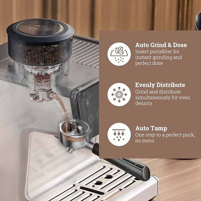 Auto Distribute & Tamp Espresso Machine with Grinder, Barista Coffee Machine with Cold Brew, Milk Frother for Latte, Cappuccino Machine for Home, Easy 2-Step Espresso Brewing for Beginner