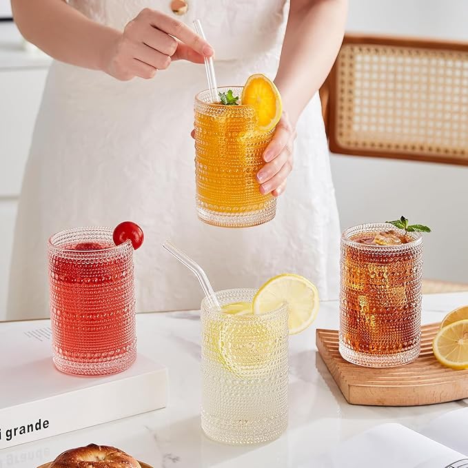 Vintage Hobnail Drinking Glasses Set of 12, 15oz Textured Tumblers - Embossed Clear Bar Glasses for Cocktails, Beer, Whiskey, Dishwasher-Safe Highball Cups for Kitchen, Juice & Mixed Drinks