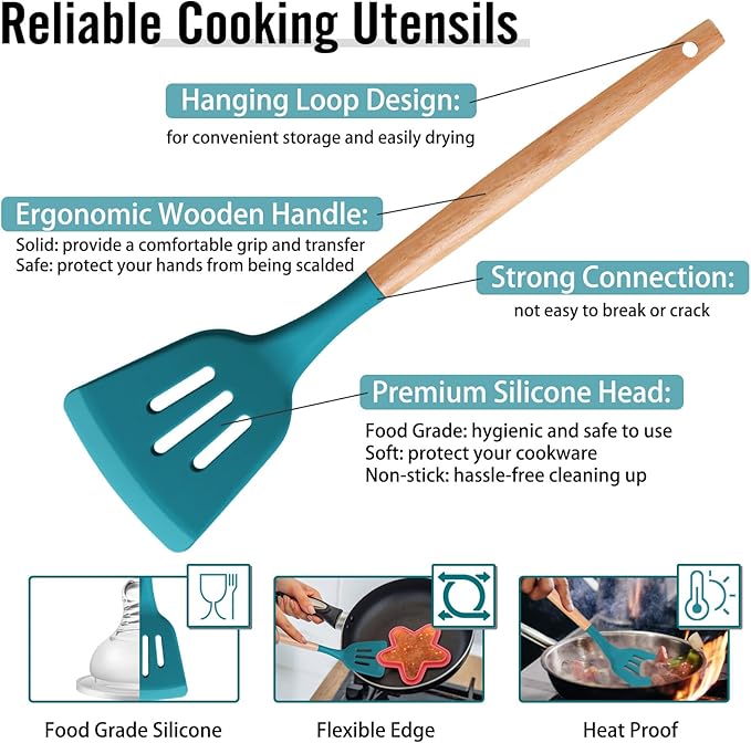 P&P CHEF Cooking Utensils Set, 6 PCS Kitchen Utensils with Wooden Handle, Silicone Spatula for Nonstick Cookware, Easy Clean & Non-toxic, Blue