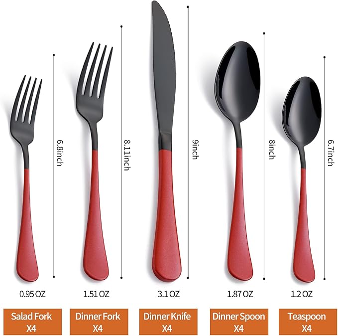 20 Piece Black Red 18/0 Flatware Utensil Set for 4, Include Dinner Knife,Dinner Forks,Dinner Spoons,Salad Forks,Teaspoons,Silverware Set for 4, Dishwasher Safe