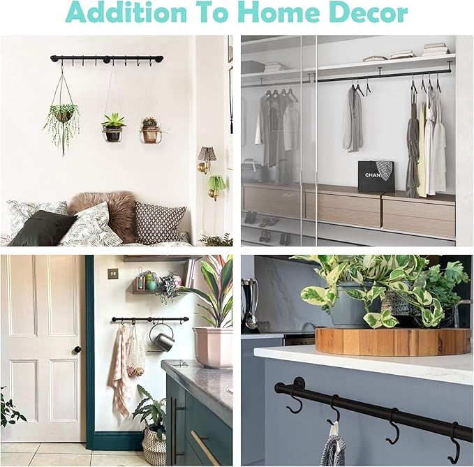 ROTHLEY Hanging Pot Rack Hanger: 23.7 Inch Stainless Steel Pot and Pan Hanger Pot Rack Wall Mounted Hanging Pots and Pans Rack Pot Hangers for Kitchen Wall Kitchen Rail with Hooks（Matt Black）