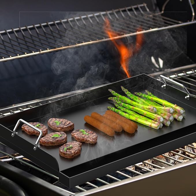 25" x 16.5" Nonstick Carbon Steel Griddle for Gas/Electric/Charcoal Grills, Universal Flat Top Griddle for Weber Charbroil Camp Chef, Griddle Plate with Grease Groove for Parties, Camping, Tailgating