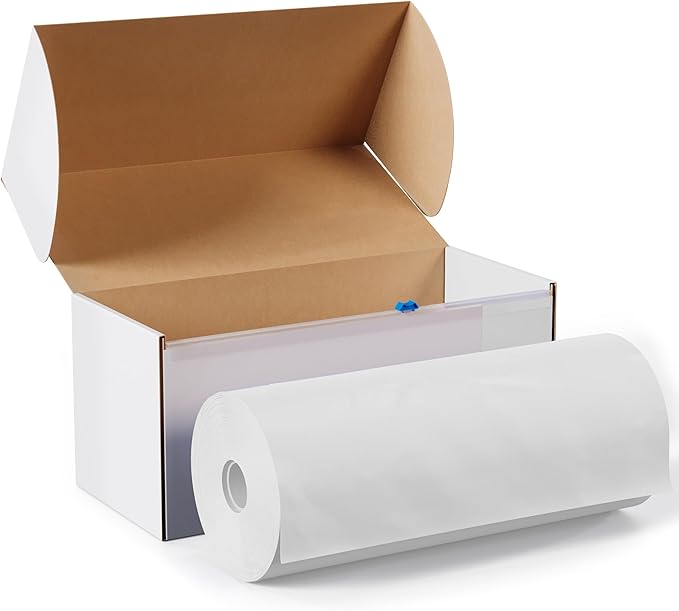 Exquisite Party Solids 54 Inch X 300 Feet White Plastic Table Cover Roll in A Cut - to - Size Box with Convenient Slide Cutter. Cuts Up to 36 Rectangle 8 Feet Plastic Disposable Tablecloths