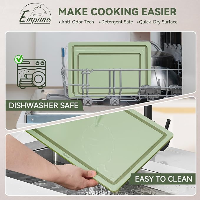 Empune Plastic Cutting Board Set, Recycled Plastic Cutting Boards for Kitchen (Set of 3), Dishwasher Safe Large Chopping Board with Holder, Non-slip Feet and Juice Grooves, Nonporous, Green