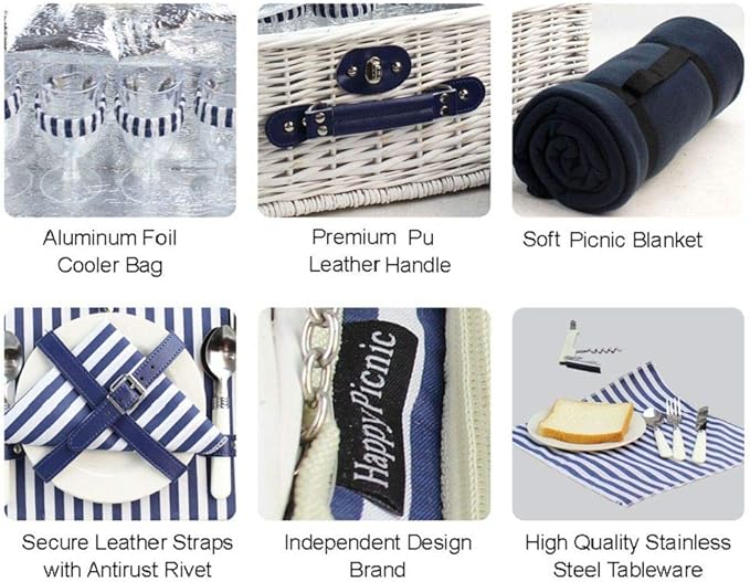 Picnic Basket Willow for 4 Persons, Large Wicker Hamper Set with Big Insulated Cooler Compartment, Fleece Blanket with Waterproof Backing and Cutlery Service Kit- Fashionable White Washed Color