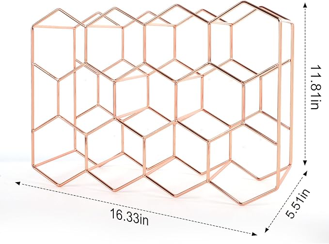 Rose Gold Wine Rack Countertop 14 Bottles, Geometric Stainless Steel Wine Bottle Holder,3 Tier Wine Racks for Cabinet Pantry Bar Table No Assembly Required