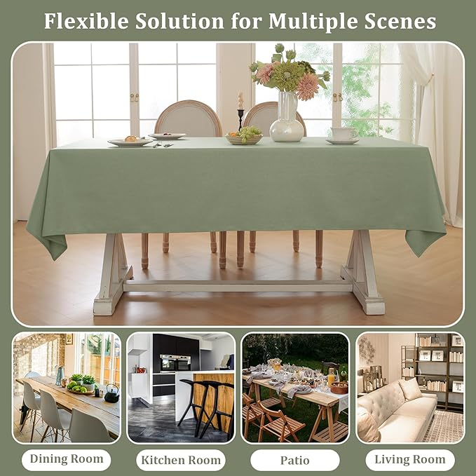 Laolitou Table Cloth Rectangle Linen Waterproof Textured Green Tablecloth, Washable Wrinkle Free Spill Proof Fabric Tablecloths for Dining Table Farmhouse Kitchen Holiday, 60x84 Inch