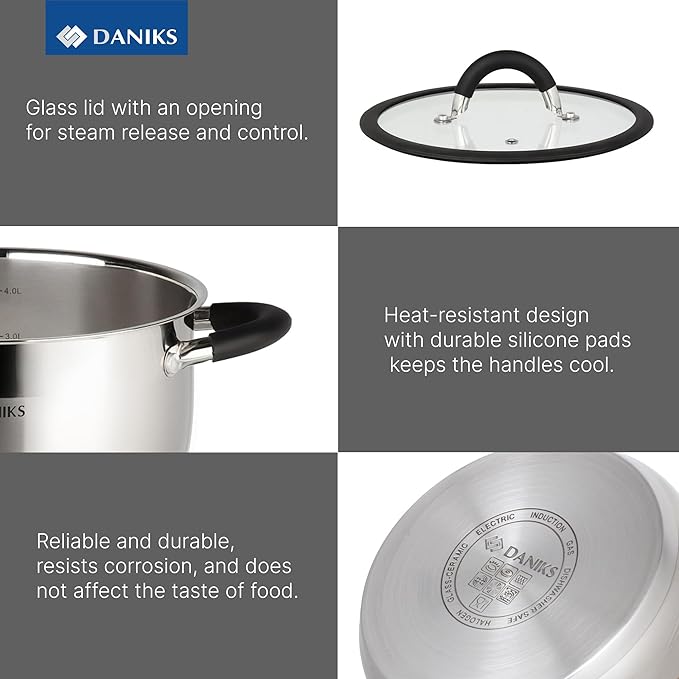 Daniks Orlando 11-Piece Stainless Steel Induction Cookware Set – Dishwasher Safe Saucepan, Frying Pan, Pots with Heatproof Handles, Glass Lids, Measuring Scale, Silver