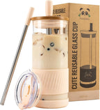 Pandaloo® Glass Cups With Lids and Straws -20 Fl Oz- Perfect Size Iced Coffee Cup - Smoothie Cup With Bamboo Lid and On the go Lid - Glass Tumbler With Straw (1 Count (Pack of 1), Vanilla Cream)