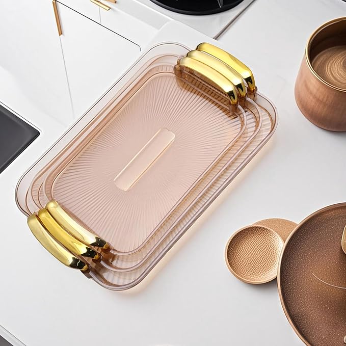 Serving Tray with Handles Set of 3 Rectangular Large Serving Platters 16.5/14.9/13.2 Inch White Plates for Dinner, Party, Entertaining, Amber