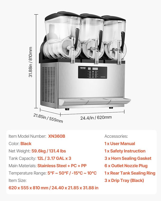 VEVOR Commercial Slushy Machine, 12Lx3 Triple Tank Frozen Drink Machine, 144 Cups Stainless Steel Margarita Smoothie Frozen Drink Maker, Slushie Maker for Home Party Restaurants Cafe Bars