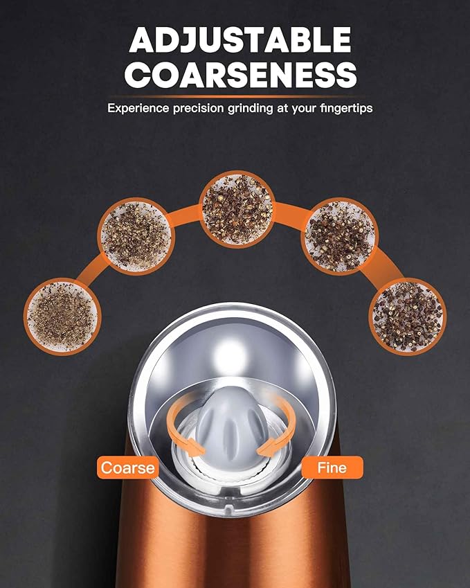 AmuseWit Electric Gravity Pepper Mill or Salt Grinder Mill [White Light] - Battery Operated Automatic Pepper Grinder with Light, Adjustable Coarseness, One Handed Operation, Cleaning Brush, Copper