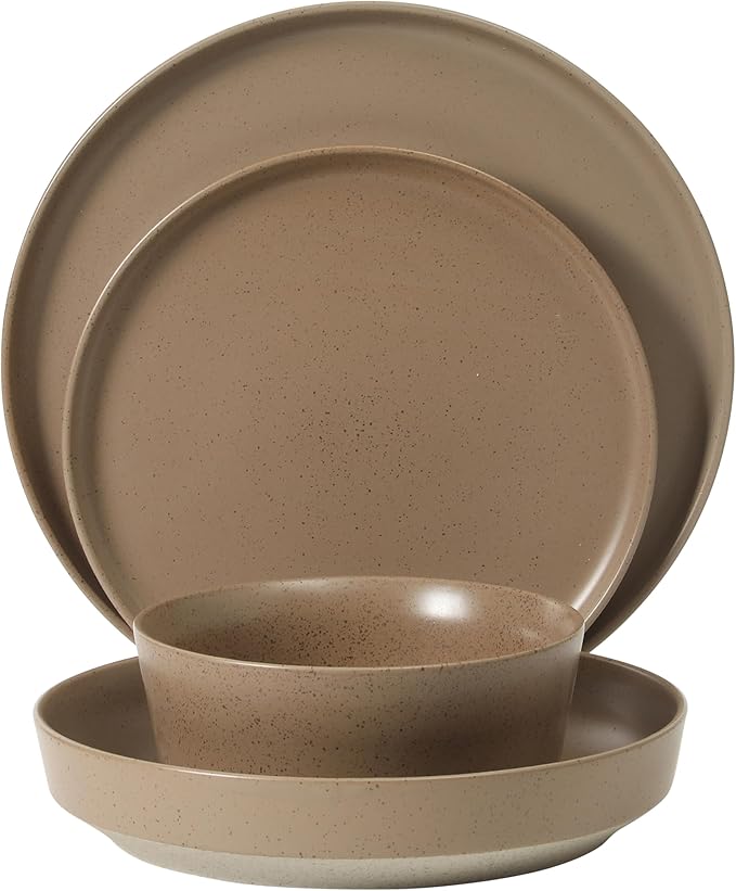 Gibson Elite Overbrook 16-Piece Pottery Clay Stoneware Dinnerware Set – Terraccotta Brown Reactive Glaze, Stackable Plates and Bowls w/Pasta Bowl, Service for 4 – Microwave & Dishwasher Safe