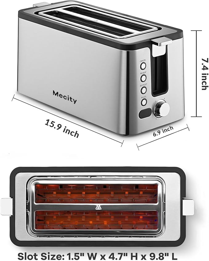 Mecity 4 Slice Toaster, Long Slot Toaster With Countdown Timer, Bagel/Defrost/Reheat/Cancel Functions,Warming Rack, Removable Tray, 6 Browning Settings, Extra Wide Slots, Stainless Steel, 1300W