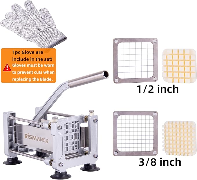 Rismonar French Fry Cutter Stainless Steel Potato Slicer With 1/2in 1/4in 3/8in Blade for Carrots Cucumbers Vegetables (Silver, Machine + 1/2 & 3/8)
