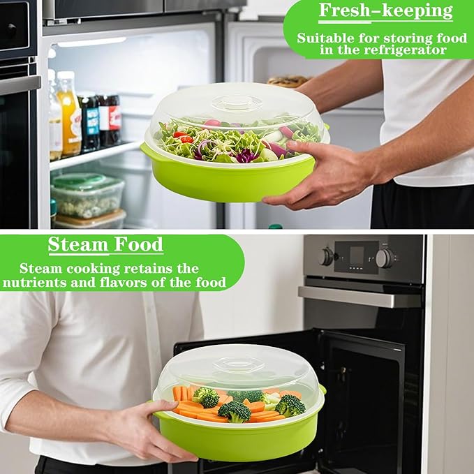 Microwave Steamer for Vegetables, Plastic Microwave Vegetable Steamer with Lid for Vegetables Prep Seafood Fish Cooking, Green-Round, 10Inch