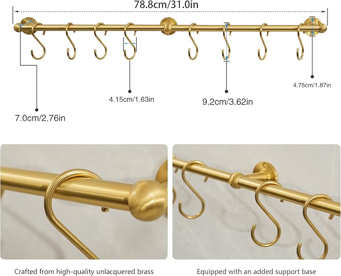 31.0 Inch Brass Pot Rack with Hooks,Wall Kitchen Mounted Organizer,Segmented RailHanging Rack for Kitchen Wall Rail with Hooks