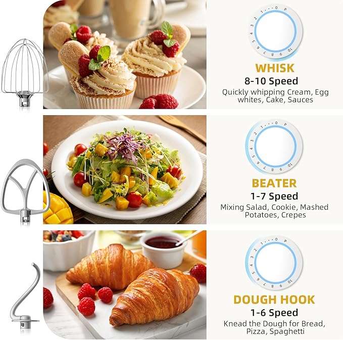 Stand Mixer, 6QT 10+P Speed Tilt-Head Kitchen Electric Mixer, Food Mixer with Stainless Steel Bowl, Dough Hook, Flat Beater, Wire Whisk, Splash Guard-Blue