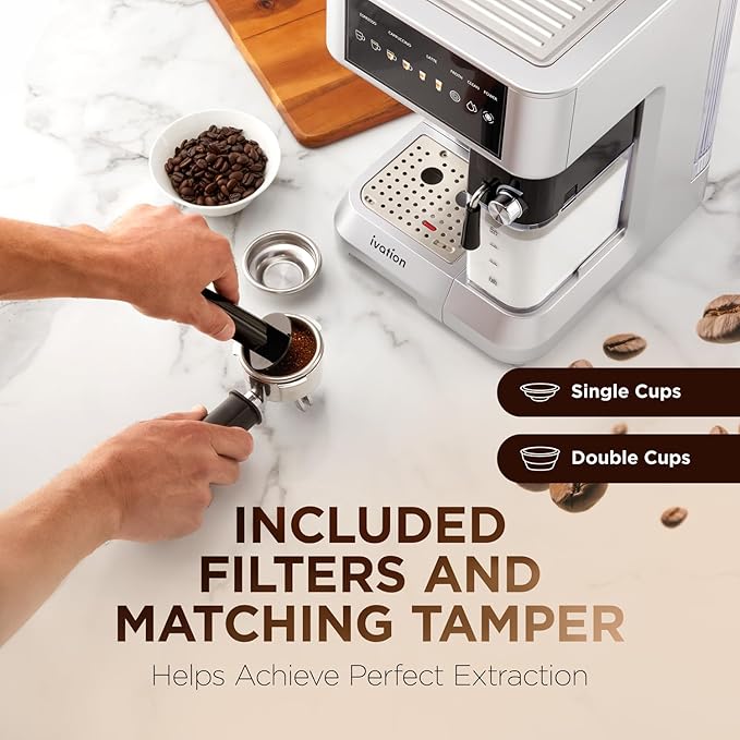 Ivation Espresso & Cappuccino Maker w/Milk Frother | 58mm | Coffee Machine for Home | Single & Double Shots | Espresso, Cappuccino, Latte, & Froth | Auto-Clean & Descale - Detachable Milk Reservoir