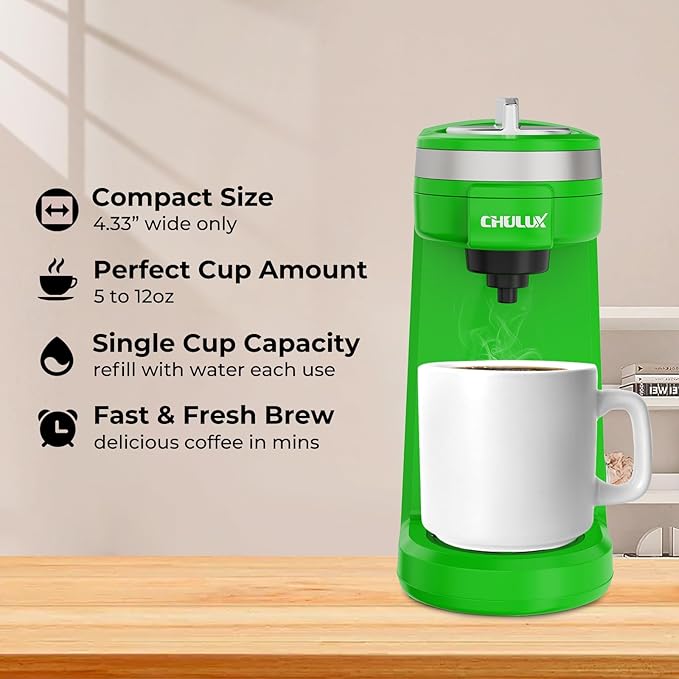 CHULUX Single Serve Coffee Maker, Small Single Cup Coffee Maker for K pod and Ground Coffee, Green