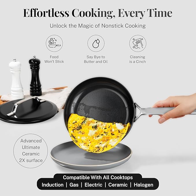 Gotham Steel Modern 11 Pc Ceramic Pots and Pans Set Non Stick, Professional Elegant Kitchen Cookware Sets with Steamer for Cooking, Non Toxic Made without PFOS PFOS, Dishwasher & Oven Safe