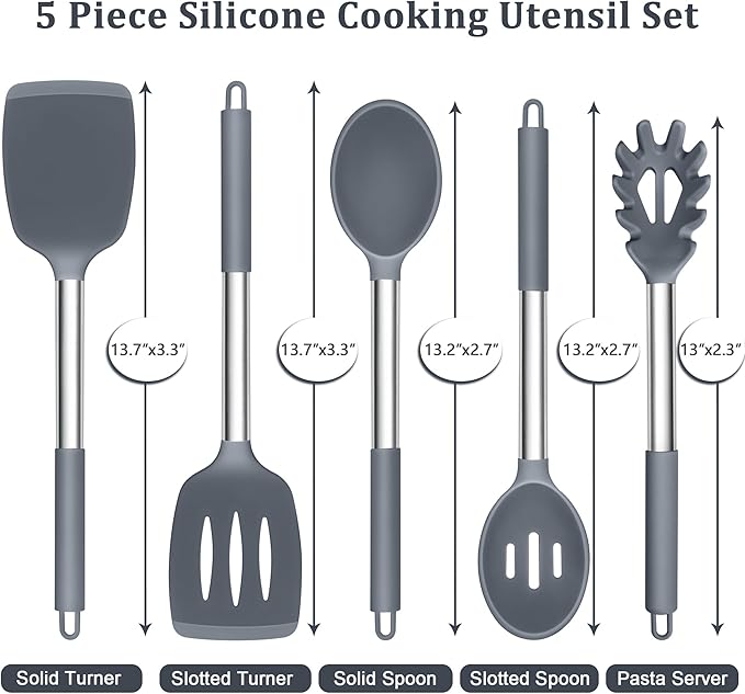 TeamFar Silicone Cooking Utensils Set, 5 PCS Heat-Proof Kitchen Utensils with Stainless Steel Handle, Turner/Spoon/Pasta Server for Nonstick Cookware Frying Flipping Draining, Light Grey