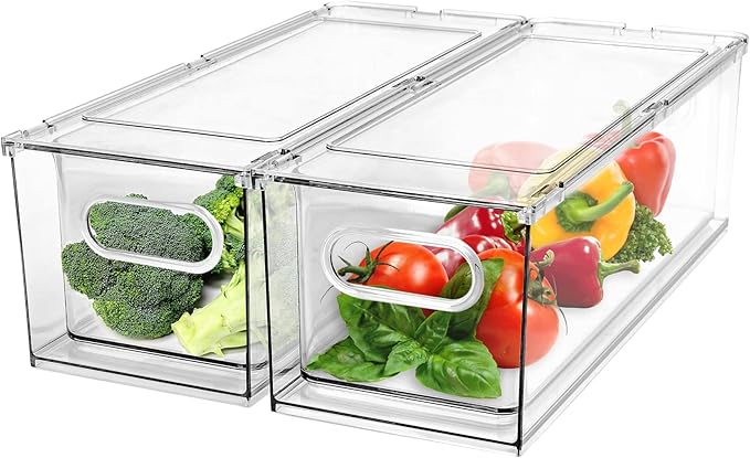 2 Pack Refrigerator Organizer Bins Stackable Fridge Organizer Set with Pull-out Drawer Clear Vegetable Fruit Storage Containers for Kitchen Pantry Organization