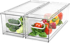 2 Pack Refrigerator Organizer Bins Stackable Fridge Organizer Set with Pull-out Drawer Clear Vegetable Fruit Storage Containers for Kitchen Pantry Organization
