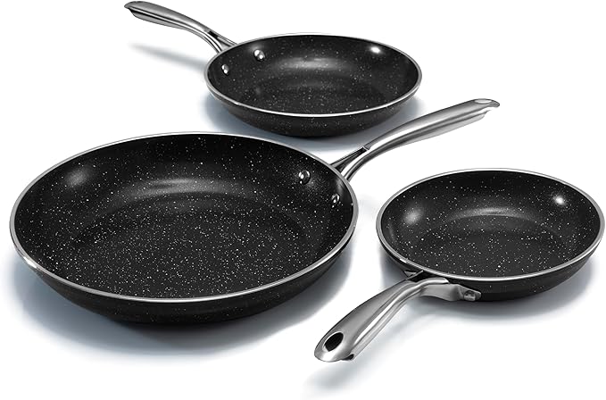 Granitestone 3pc Non Stick Frying Pans Set, 8,10,12 inch Ceramic Frying Pan Skillet Set, Non Toxic Frying pans Nonstick for Cooking, Induction Ready, PFAS & PFOA Free, Oven & Dishwasher Safe - Black