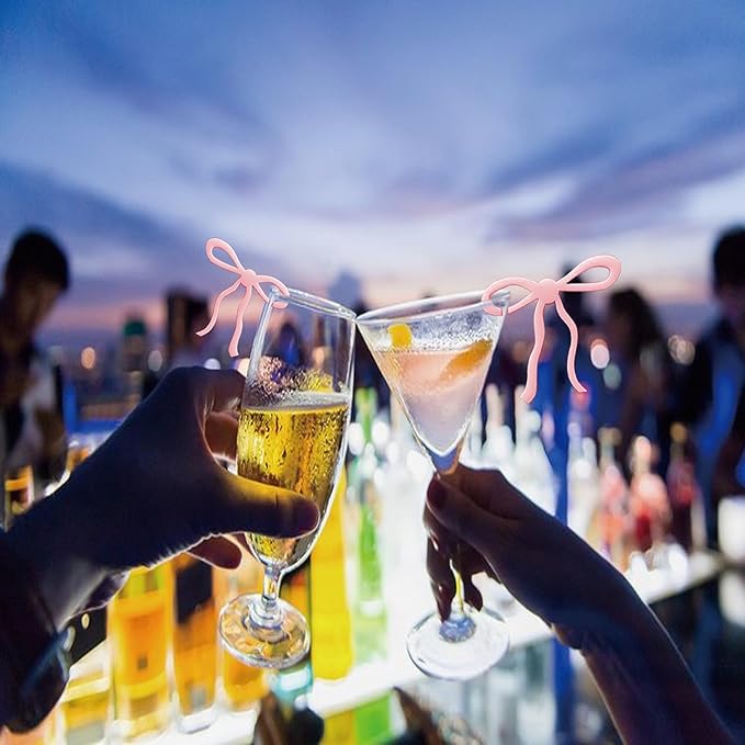 20 pcs Bow Drink Markers, Acrylic Drink Tags Bow themed Party Favors, Coquette Birthday Wedding Cocktail Party Decorations Pink Bow Party Accessories (Pink tags)