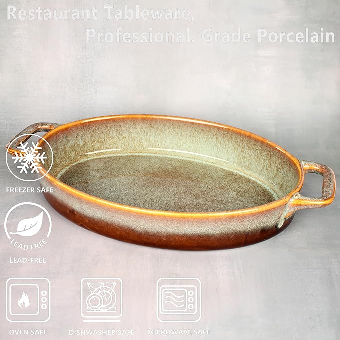 Oval Casserole Dish, 12" x 8" Ceramic Au gratin Baking Dish, 1.6 Qt Large Lasagna Pan Deep for Oven, Baking Pan with Handles - Oven, Microwave, Freezer and Dishwasher safe - Great Gift