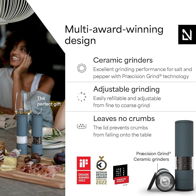 LARS NYSØM Salt and Pepper Grinder Set Manual, Stainless Steel Salt and Pepper Mills with Adjustable Ceramic Grinder I Design Spice Shakers (Stone Blue)